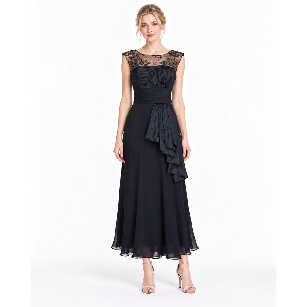AIDAN MATTOX Silk Dress 4 Tea Length Midi Evening Gown Black Gold Lace Event